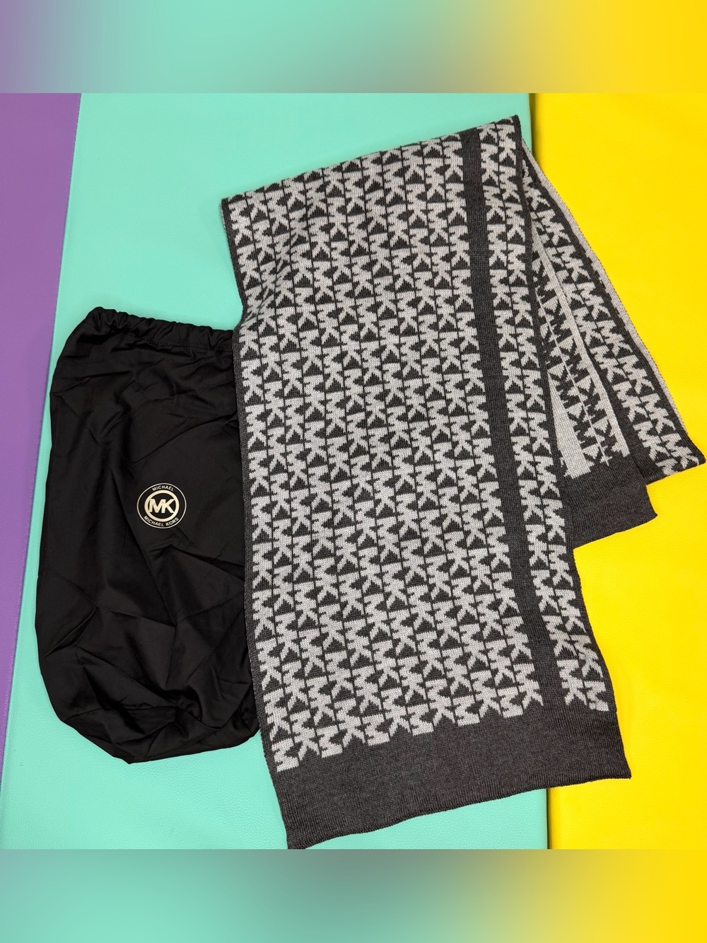 Michael Kors MK Monogram Knit Scarf with MK Black Drawstring